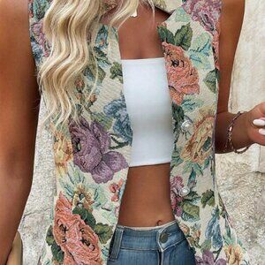 JACQUARD FLORAL SINGLE BREASTED SLEEVELESS BLAZER SZ XL